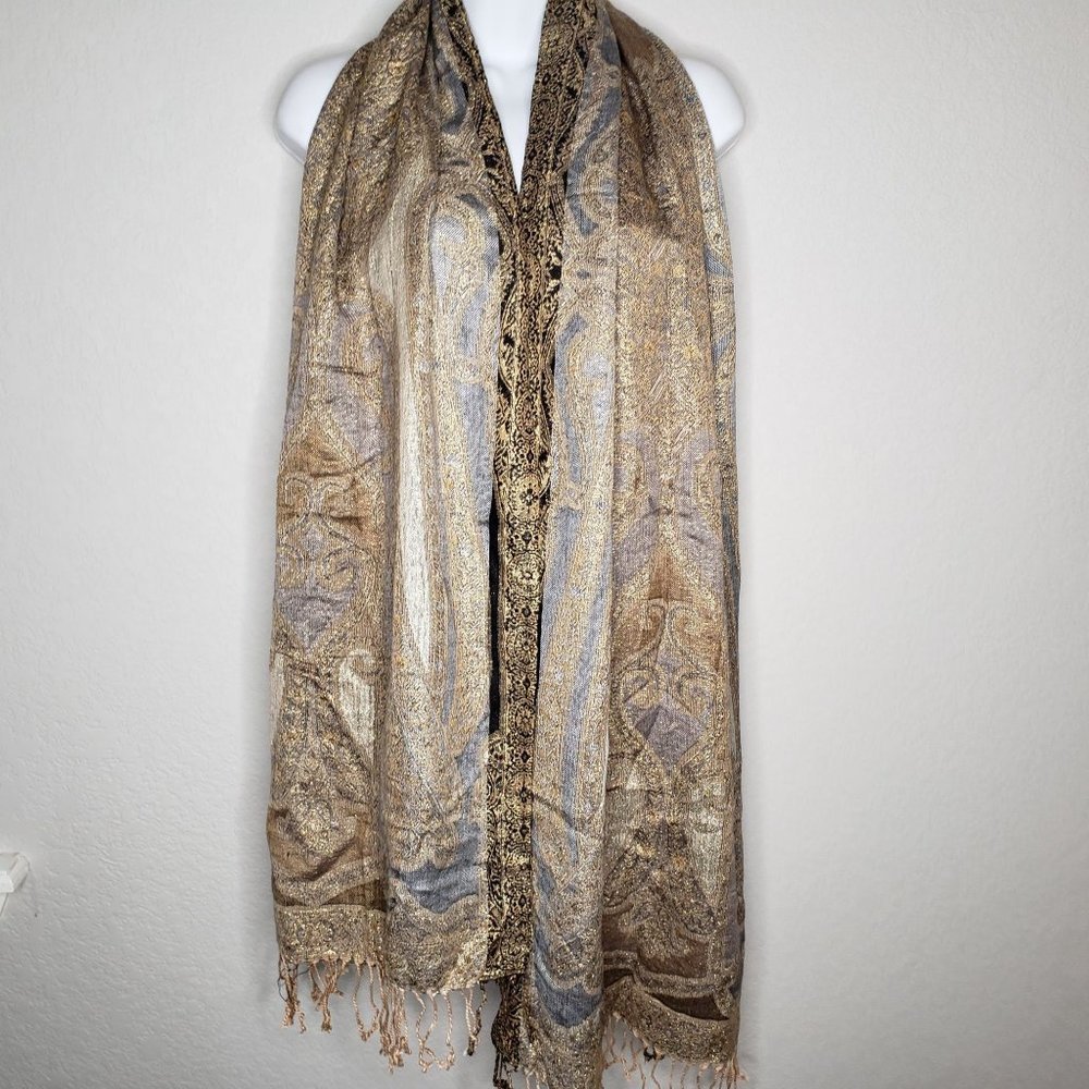 Collectioneighteen wrap Gold and black with fringe Rayon and Polyester